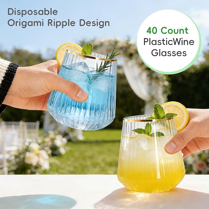 N9R 40PCS Plastic Wine Glasses Disposable, 14 oz Gold Rim Cocktail Spritz | - Image 5