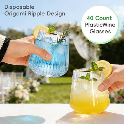 N9R 40PCS Plastic Wine Glasses Disposable, 14 oz Gold Rim Cocktail Spritz | - Image 5