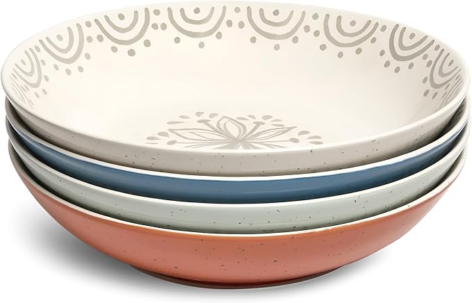 Sango 4-Piece Speckled Stoneware Pasta Bowl Set- Wide Shallow Dinner Bowls by Sango
