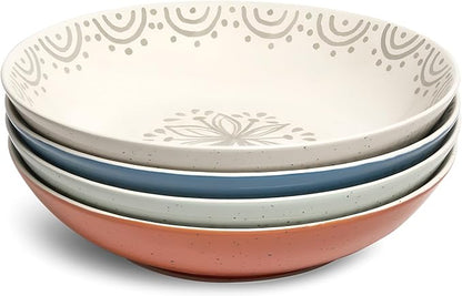 Sango 4-Piece Speckled Stoneware Pasta Bowl Set- Wide Shallow Dinner Bowls by Sango