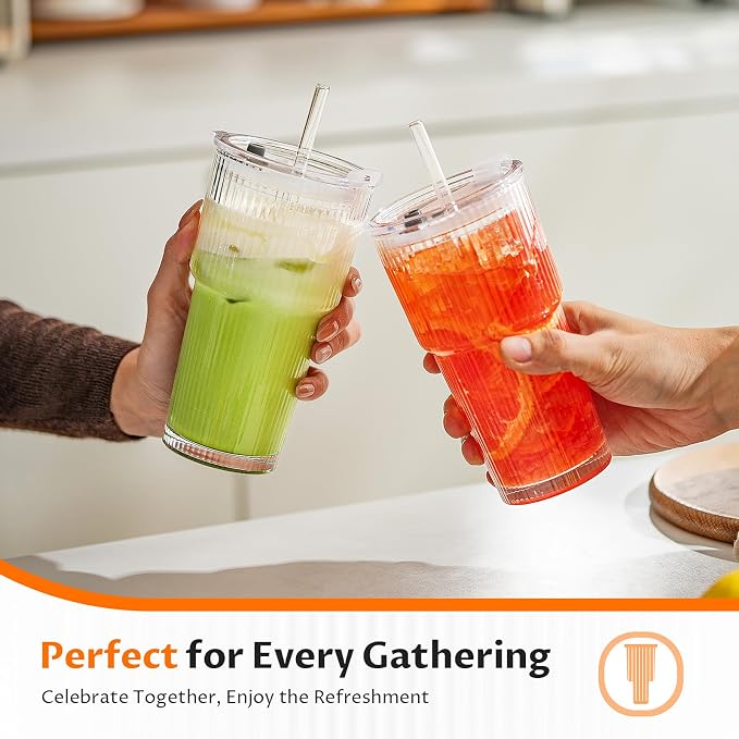20oz Iced Coffee Cups with Lids, Glass Coffee Cups with Lids and Straws | Clear - Image 2