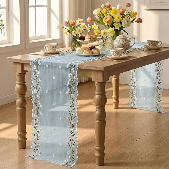 Artoid Mode Daisy Floral Sky Blue Shaped Gauze Embroidery Table Runner 120 Inch - Image 4