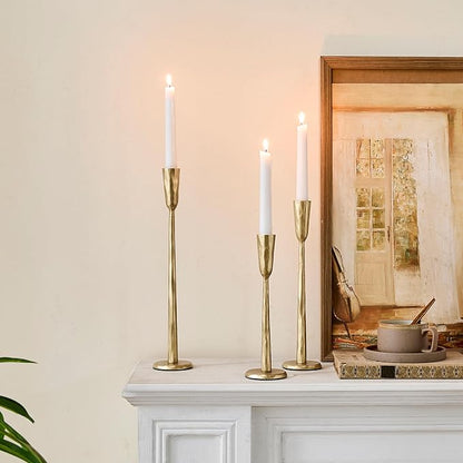Cast Iron Taper Candle Holder Set of 3, Heavyweight Tall Candlestick Holders, Antique Gold, for Fireplace Mantle & Dining Table, Versatile Decor for Wedding, Holiday, Home & Christmas