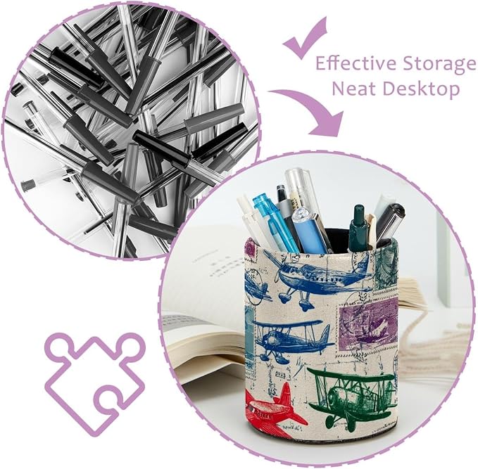 Leather Pen Holder for Desk, Airplane Retro Stamps Pencil Cup Pen Organizer - Image 4