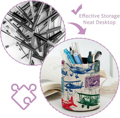 Leather Pen Holder for Desk, Airplane Retro Stamps Pencil Cup Pen Organizer - Image 4