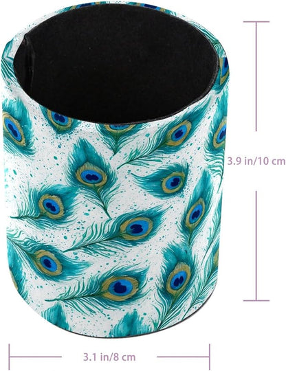 Leather Pen Holder for Desk, Peacock Feather Pencil Cup Pen Organizer Makeup - Image 3