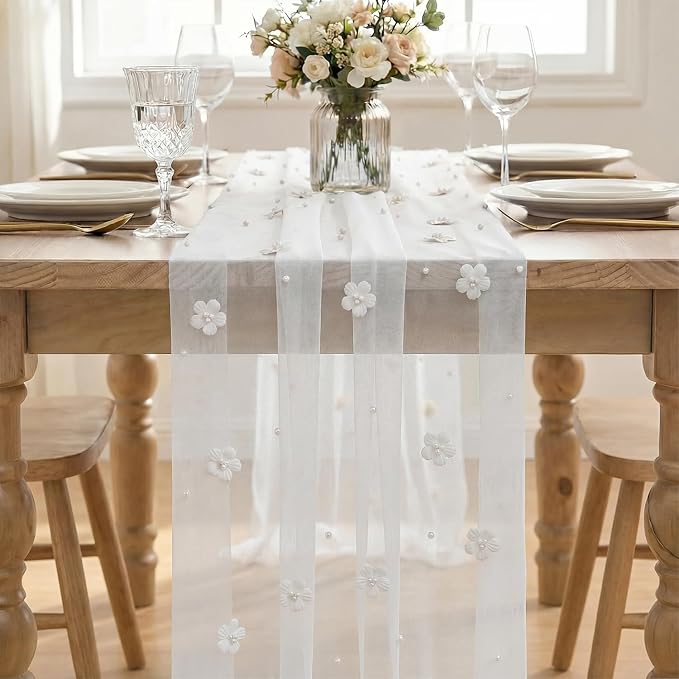 Artoid Mode Flower Pearl White Gauze Table Runner 10FT, Seasonal Sheer Dining - Image 2
