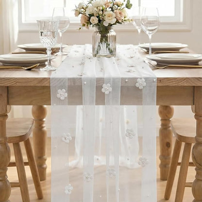 Artoid Mode Flower Pearl White Gauze Table Runner 10FT, Seasonal Sheer Dining - Image 2