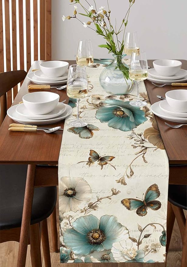 Turquoise Tulip Table Runners 72 Inches Long, Spring Vintage Botanical Table - Image 2