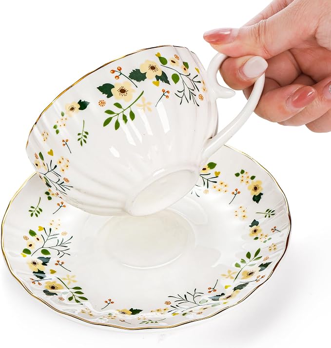 Lyellfe Set of 2 Tea Cup and Saucers | 6 Oz Floral Tea Cups - Image 4