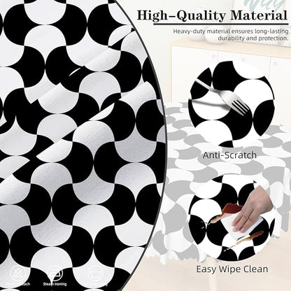 Laeacco 48 Inch Geometric Round Tablecloth Black and White Abstract Pattern Modern Art Print Table Cloth Washable Waterproof Wrinkle Free Table Cover for Kitchen Dining Picnic Party Decoration