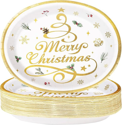 Grencian 50pcs Merry Christmas Oval Paper Plates - 10" x 12" Heavy Duty 400GSM Gold Christmas Tree Dessert Plates for Xmas Winter Holiday Party Supplies