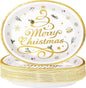 Grencian 50pcs Merry Christmas Oval Paper Plates - 10" x 12" Heavy Duty 400GSM Gold Christmas Tree Dessert Plates for Xmas Winter Holiday Party Supplies