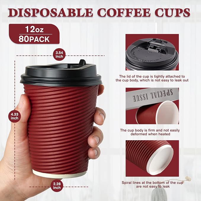 LITOPAK Coffee Cups 12 oz, 80 Pack Insulated Ripple Wall Hot Paper Cups | Three - Image 2