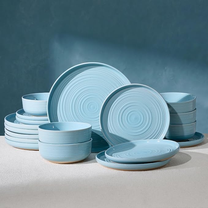 Dinnerware Sets for 6, Ceramic Plates and Bowls, Ice Blue | 18-Piece Ceramic by FamiwarePremium
