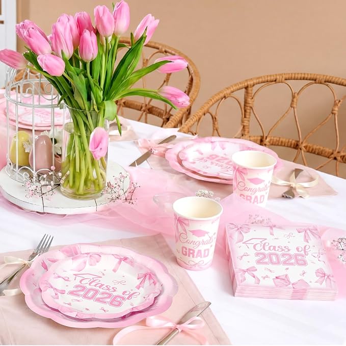 250 Pcs Pink Bow Graduation Disposable Paper Plate Napkins | Congrats Grad - Image 7