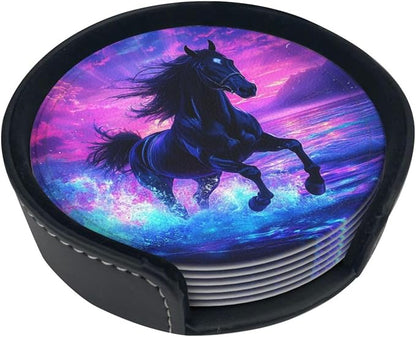 Horse Coasters for Drinks Set of 6, Round Leather Coaster - Image 2