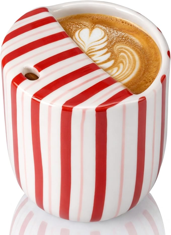 Ceramic Mug with Sip Hole 10 oz Novelty Red Striped Ceramic Coffee Mug Hand by Ferrochef