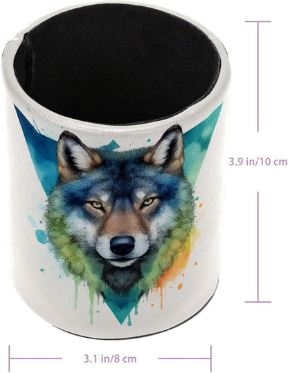 Leather Pen Holder for Desk, Watercolor Wolf Pencil Cup Pen Organizer Makeup - Image 3