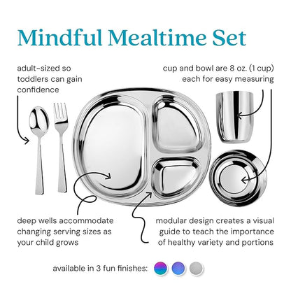 Ahimsa Stainless Steel Kids Dinnerware Set, Pediatrician Designed, 5 Piece Toddler Plates and Bowls Set, Stainless Steel Divided Plate, Cup and Kids Utensils