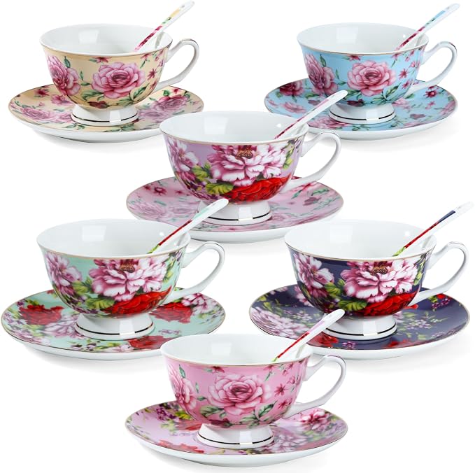 BTaT- Tea Cups and Saucers, Floral Design, Porcelain Tea Cup Sets, Dishwasher by BrewToATea