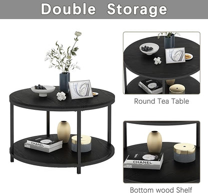 NSdirect Round Coffee Table, 25.6" Small Coffee Table for Living Room,2-Tier Rustic Wood Desktop with Storage Shelf Modern Design Home Furniture(Black)