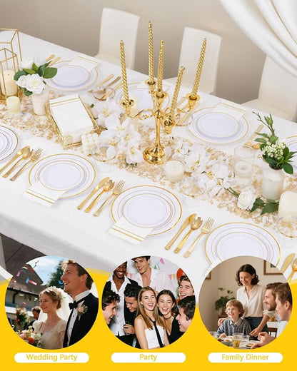 GATHER 700PCS Gold Plastic Plates - Whtie and Gold Disposable Dinnerware Sets 100Guest - 200 Disposable Plate, 300 Plastic Silverware, 100 Cups, 100 Napkins for Wedding & Party