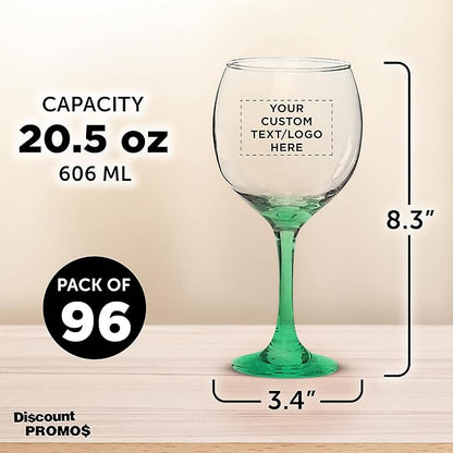 Custom Premiere Wedding Wine Glasses 20.5 oz Set of 96, Personalized Bulk Pack - Restaurant Glassware, Perfect for Red Wine or White Wine - Green