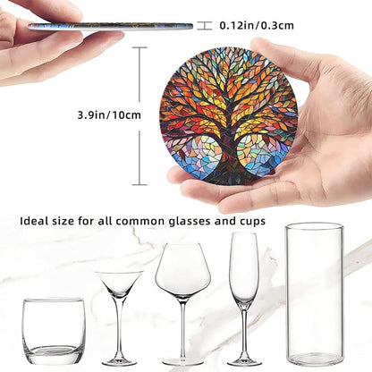 Drink Coasters with Holder Stand Set of 6, Tree of Life Stained Glass Pu - Image 3