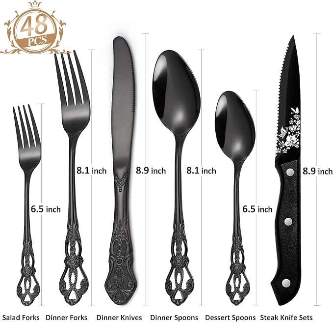 48 Pcs Gorgeous Retro Royal Black Silverware Set - Image 2