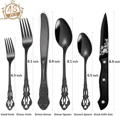 48 Pcs Gorgeous Retro Royal Black Silverware Set - Image 2