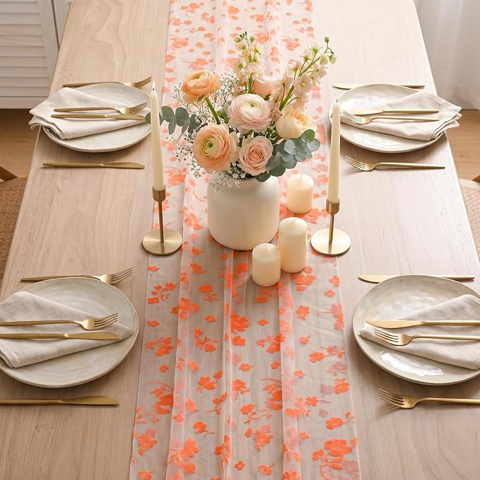 Artoid Mode Orange Gauze Flocking Flowers Table Runner 10FT, Fall Sheer Dining - Image 3
