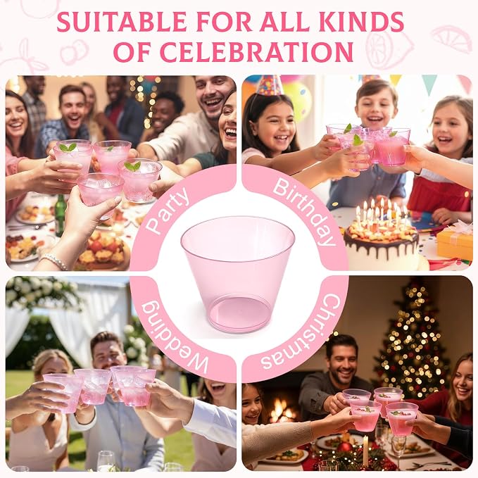 Glowserve 9 OZ Pink Disposable Plastic Cups Cocktail Cup 150 Pack | Fancy - Image 6