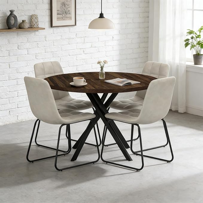 44" Round Dining Table with Cozy Chair Set for 4, Modern Mid-Century Dining Table Set of 4, Dinette Sets with Metal Leg for Kitchen Dining Room Apartment(Walnut Table + Beige Chairs)