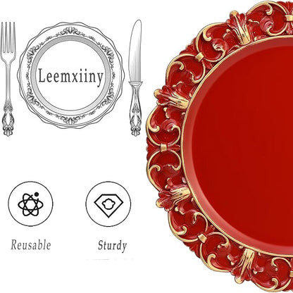 Red Charger Plates Set of 6, Decorative Table Plastic Chargers for Dinner Plates, Party, Wedding, Thanksgiving, Christmas, FD51R
