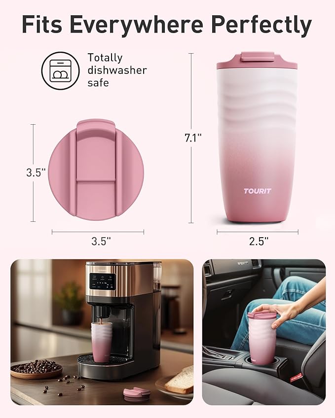 TOURIT 16 oz Travel Coffee Mug, Vacuum Insulated Stainless Steel Tumbler - Image 6