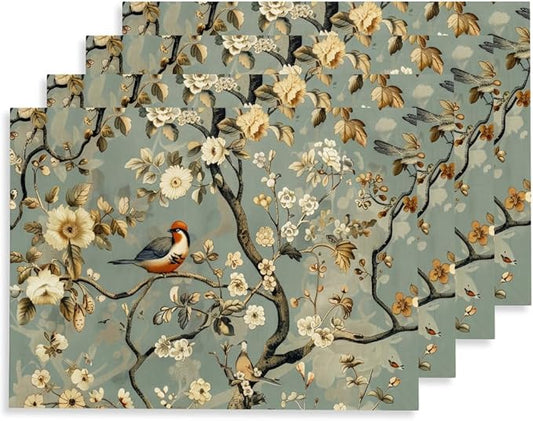 12"x18" Vintage Blue Grey Flower Bird Tree Plants Forest Placemats Set of 4 Washable Thick Place Mats Kitchen Table Mats Decorative Linen Fabric Table Mat for Dining Table Kitchen Home Decor