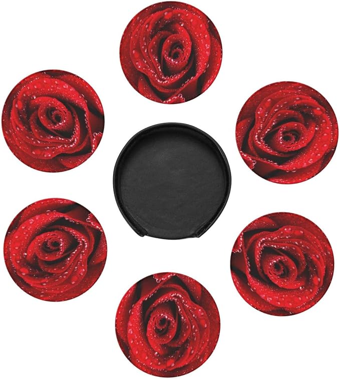 6 Pcs Red Rose Leather Coasters - Image 7