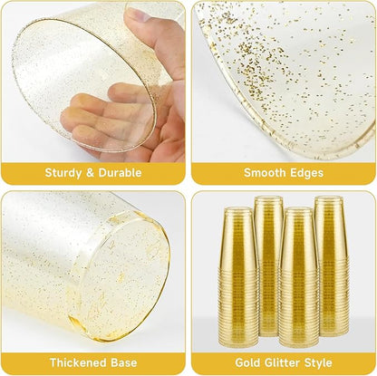 14oz Gold Glitter Plastic Cups, 100pcs Gold Cups Disposable, Elegant Plastic Cocktail Glasses, Fancy Party Cups for Wedding, Birthday, Holiday
