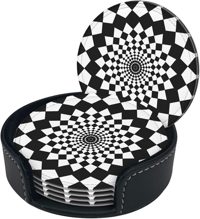 Drink Coasters with Holder Stand Set of 6, Mandala Chessboard Pu Leather - Image 8