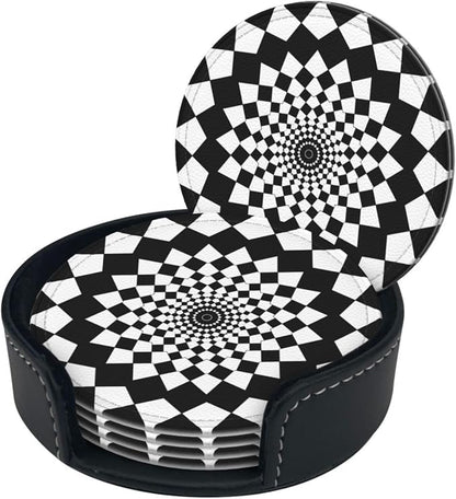Drink Coasters with Holder Stand Set of 6, Mandala Chessboard Pu Leather - Image 8
