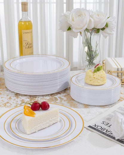 GATHER 700PCS Gold Plastic Plates - Whtie and Gold Disposable Dinnerware Sets 100Guest - 200 Disposable Plate, 300 Plastic Silverware, 100 Cups, 100 Napkins for Wedding & Party
