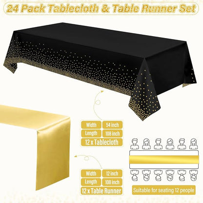 24 Pack Black and Gold Tablecloth and Table Runner Set Party Decorations - Image 2