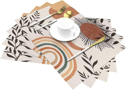 Mid Century Abstract Boho Placemats Orange Vintage Aesthetic Nature Leaf Sun Modern Washable Place Mats 12x18Inch for Dining Kitchen Farmhouse Decor 6 PCS