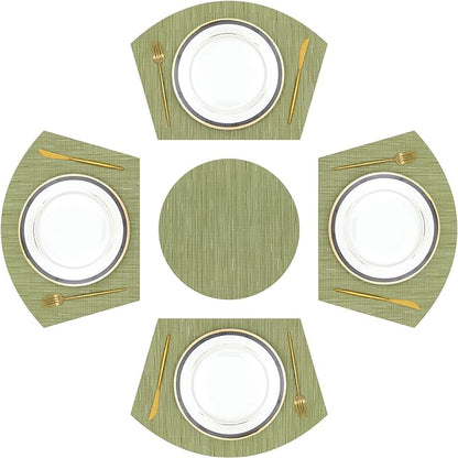 SHACOS Large Size Wedge Shape Placemats with Centerpiece Round Mat Set of 5 Round Table Place Mats Washable Dining Table Placemats Reversible, Green