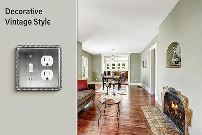 Henne Bery Rope Edge Decorative Wall Plate Switch Plate Outlet Cover (Toggle/Duplex, Heirloom Silver)