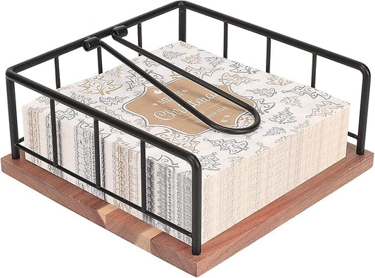 Livabber Flat Napkin Holder, Metal Kitchen Napkin Storage with Weighted Tension Arm Rustic Tissue Paper Dispenser for Countertop, Table Kitchen, Dining Room (With Wooden Base, Black)