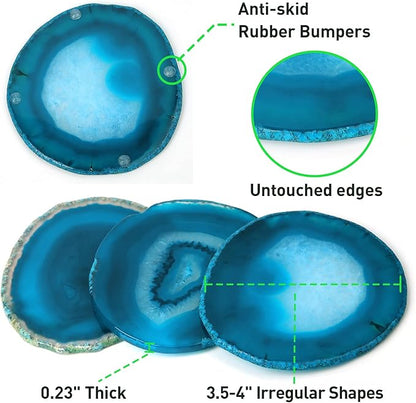 Agate Coaster Set of 4 for Drinks, Stone Coaster for Coffee Table 3.5-4" Geode Coaster Decor for Housewarming, Birthday, (Blue)