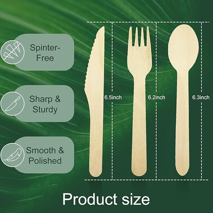 300 Pack Wooden Cutlery Set (100 Forks, Spoons, Knives) - 6 Inch Disposable Birch Wood Utensils for Thanksgiving & Christmas Parties - Heavy Duty, Splinter-Free Biodegradable Cutlery