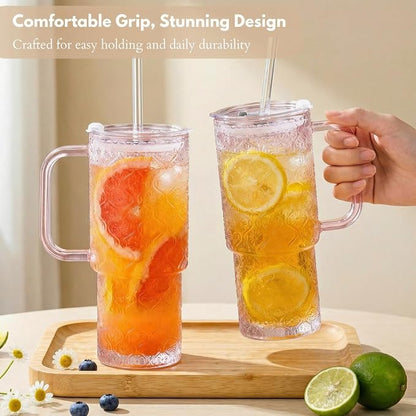 20 oz Pink Glass Tumbler with Lid and Straw, Glass Iced Coffee Cups, - Image 9